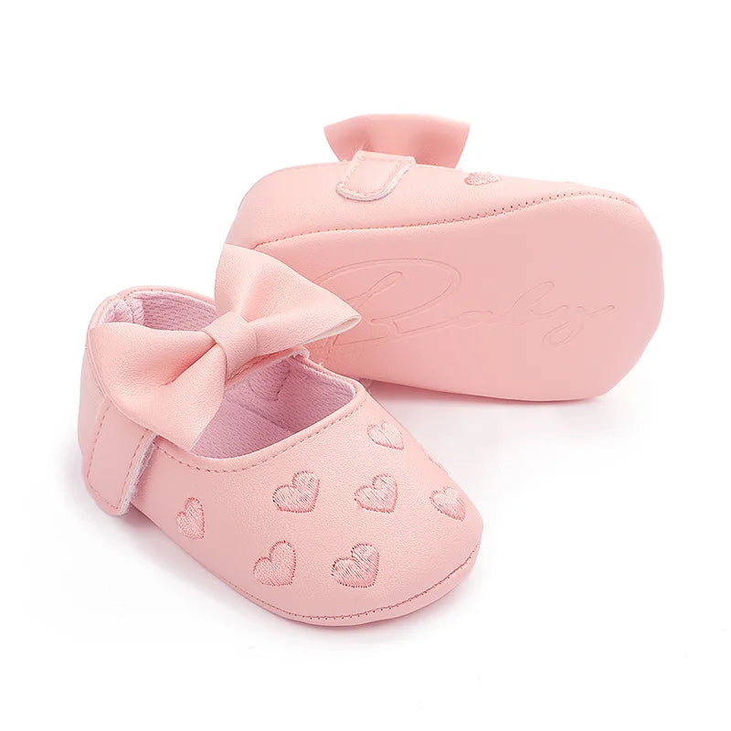 Newborn Girls Shoes PU Leather Princess Shoes Baby Girls Baby Embroidery Love Bow Footwear Soft Soled Infant Toddler Kids Shoes