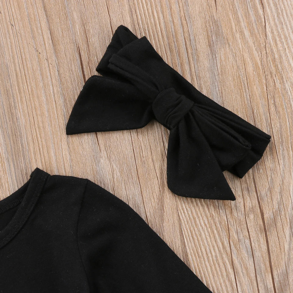 Baby Girl Black Romper Dress + Headband 0-24M Newborn Infant Toddler Spring Fall Casual Solid Bodysuit Jumpsuit Clothes 2021 New