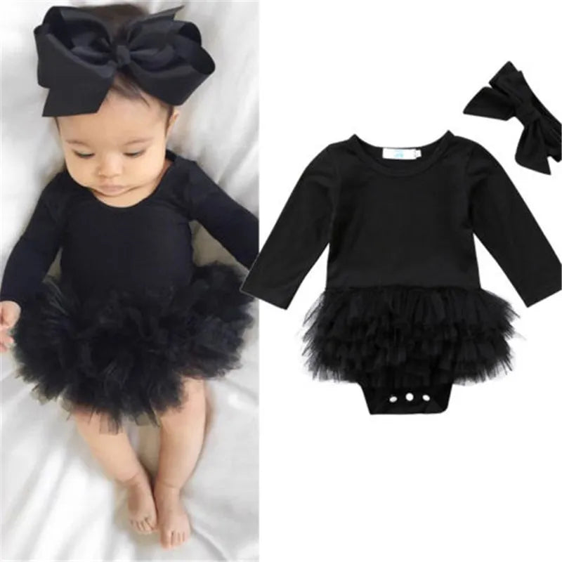 Baby Girl Black Romper Dress + Headband 0-24M Newborn Infant Toddler Spring Fall Casual Solid Bodysuit Jumpsuit Clothes 2021 New