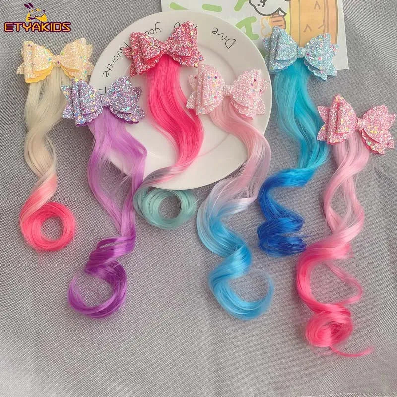 Colorful Wigs Hairclip Ponytail Holder Princess Bows Unicorn Braid Kids Headwear Party Ornament Hair Accessories Girls Gift